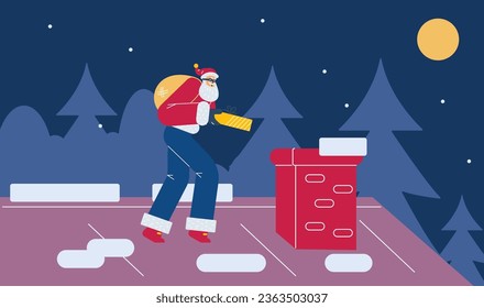 Santa Claus sneaks up the roof to chimney, cartoon flat vector illustration. Secret Santa concept. Christmas holiday celebration and gifts exchange.