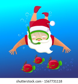 Santa Claus in snorkeling mask and red Christmas Santa hat under water with colorful reindeer fish. Xmas and Happy NewYear!