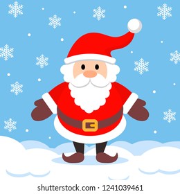 Santa Claus with snow background. Merry Christmas! Holiday greeting card. Isolated vector illustration.