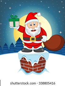 Santa Claus, Snow, Chimney And Full Moon At Night For Your Design Vector Illustration