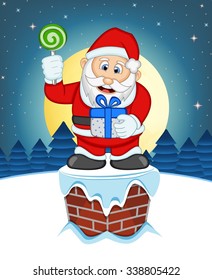Santa Claus, Snow, Chimney And Full Moon At Night For Your Design Vector Illustration