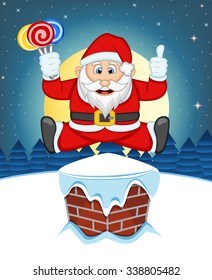 Santa Claus, Snow, Chimney And Full Moon At Night For Your Design Vector Illustration