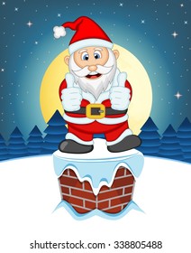 Santa Claus, Snow, Chimney And Full Moon At Night For Your Design Vector Illustration