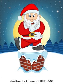 Santa Claus, Snow, Chimney And Full Moon At Night For Your Design Vector Illustration