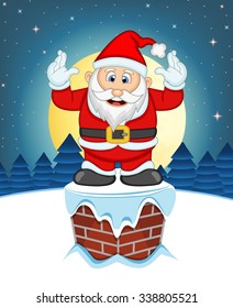 Santa Claus, Snow, Chimney And Full Moon At Night For Your Design Vector Illustration