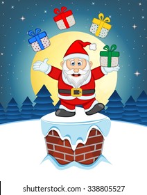 Santa Claus, Snow, Chimney And Full Moon At Night For Your Design Vector Illustration