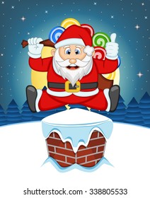 Santa Claus, Snow, Chimney And Full Moon At Night For Your Design Vector Illustration