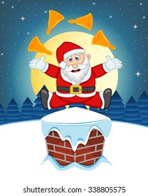Santa Claus, Snow, Chimney And Full Moon At Night For Your Design Vector Illustration