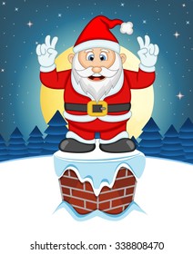 Santa Claus, Snow, Chimney And Full Moon At Night For Your Design Vector Illustration