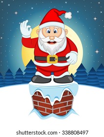 Santa Claus, Snow, Chimney And Full Moon At Night For Your Design Vector Illustration