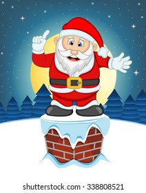 Santa Claus, Snow, Chimney And Full Moon At Night For Your Design Vector Illustration