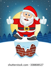Santa Claus, Snow, Chimney And Full Moon At Night For Your Design Vector Illustration