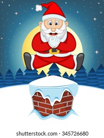 Santa Claus, Snow, Chimney And Full Moon At Night For Your Design Vector Illustration