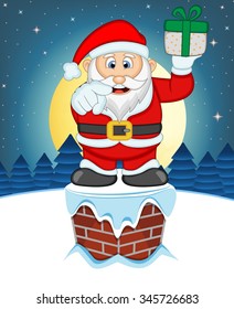 Santa Claus, Snow, Chimney And Full Moon At Night For Your Design Vector Illustration