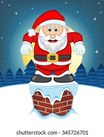 Santa Claus, Snow, Chimney And Full Moon At Night For Your Design Vector Illustration