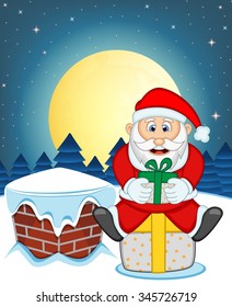 Santa Claus, Snow, Chimney And Full Moon At Night For Your Design Vector Illustration