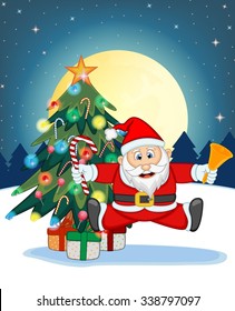 Santa Claus, Snow, Christmas Tree and Full Moon At Night For Your Design Vector Illustration