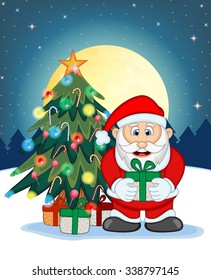 Santa Claus, Snow, Christmas Tree and Full Moon At Night For Your Design Vector Illustration