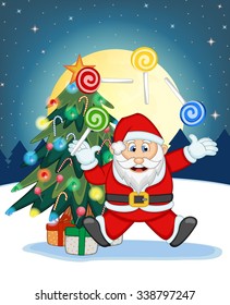 Santa Claus, Snow, Christmas Tree and Full Moon At Night For Your Design Vector Illustration