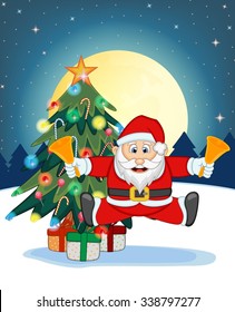 Santa Claus, Snow, Christmas Tree and Full Moon At Night For Your Design Vector Illustration