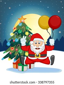 Santa Claus, Snow, Christmas Tree and Full Moon At Night For Your Design Vector Illustration