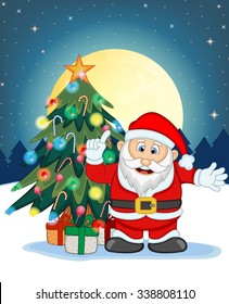 Santa Claus, Snow, Christmas Tree and Full Moon At Night For Your Design Vector Illustration