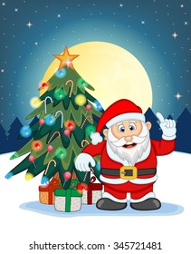 Santa Claus, Snow, Christmas Tree and Full Moon At Night For Your Design Vector Illustration