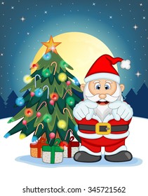Santa Claus, Snow, Christmas Tree and Full Moon At Night For Your Design Vector Illustration