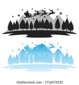 Santa Claus in snow forest landmark. Vector silhouette illustration design. Christmas decorative holidays.