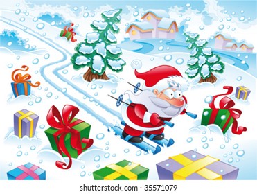 Santa Claus in the snow. Funny cartoon and vector illustration