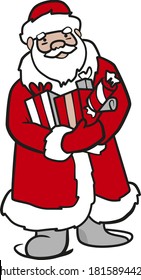 Santa Claus in the snow with gifts goes to the holiday, in a red coat, a hat and mittens, to celebrate the New Year