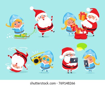 Santa Claus and Snow Maiden, collection of icons, riding on sleigh, selecting presents for kids, listening to music and dancing, vector illustration