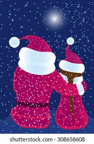 Santa Claus and Snow Maiden. Greeting card, invitation card. Vector illustration.
