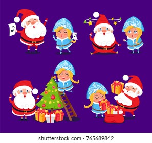 Santa Claus and Snow Maiden preparing for holidays set of icons on purple background. Vector illustration with winter symbols decorating Christmas tree