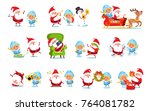 Santa Claus with Snow Maiden set of icons isolated on white. Vector illustration with congratulation from fairy tale winter characters and Christmas tree