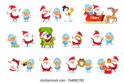 Santa Claus with Snow Maiden set of icons isolated on white. Vector illustration with congratulation from fairy tale winter characters and Christmas tree