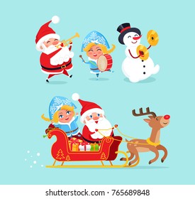 Santa Claus and Snow Maiden with snowman singing and playing music instruments, reindeer and sled full of presents isolated on vector illustration