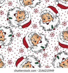 Santa Claus with snow and white ground, polka dot, vintage style pattern. Cute seamless Christmas holidays cartoon character background. Separate elements.