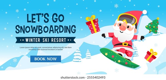 Santa Claus Snowboarding in winter landscape background vector illustration. Winter sports activities banner