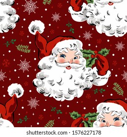 Santa Claus with snowflake and holly, vintage style pattern. Cute seamless Christmas holidays cartoon character background. Separate elements.