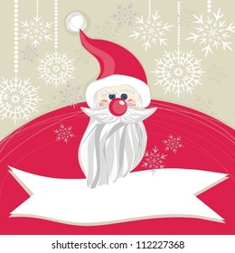 santa claus with snowflakes cartoon Christmas winter holidays card with empty flag banner
