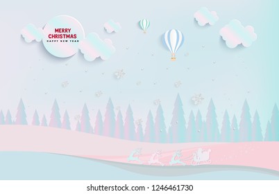 Santa Claus and snowflakes and christmas tree Pastel color paper art and digital craft style.