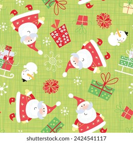 Santa Claus with snowflakes and gifts, vintage style pattern. Cute seamless Christmas holidays cartoon character background. Separate elements.