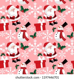 Santa Claus with snowflakes, snowman, holly berries branch and gift box seamless pattern on pink background. Cute Christmas holidays cartoon character background. Design for winter holidays greeting.