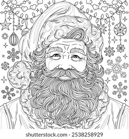 Papá Noel y copos de nieve. Libro para colorear antiestrés para niños y adultos. Ilustración aislada sobre fondo blanco. Dibujo a mano