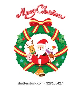 Santa Claus, Snowman And Animal With Christmas Wreath Decoration, Merry, Xmas, Happy New Year, Objects, Festive, Celebrations