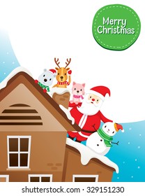 Santa Claus, Snowman And Animals On Roof, Merry Christmas, Xmas, Happy New Year, Objects, Festive, Celebrations