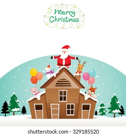 Santa Claus, Snowman And Animals On Roof, Merry Christmas, Xmas, Happy New Year, Objects, Festive, Celebrations