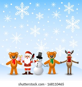 Santa Claus, snowman and animals stand on to snow,vector illustration