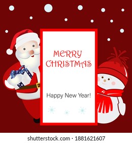 Santa Claus and the snowman behind the big sign. Vector illustration for holiday greetings. Merry Christmas and Happy New Year.